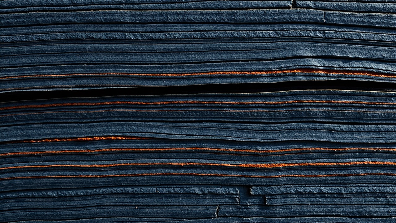 Stacked slate layers of unequal thickness seen edge-on, each band a different depth.