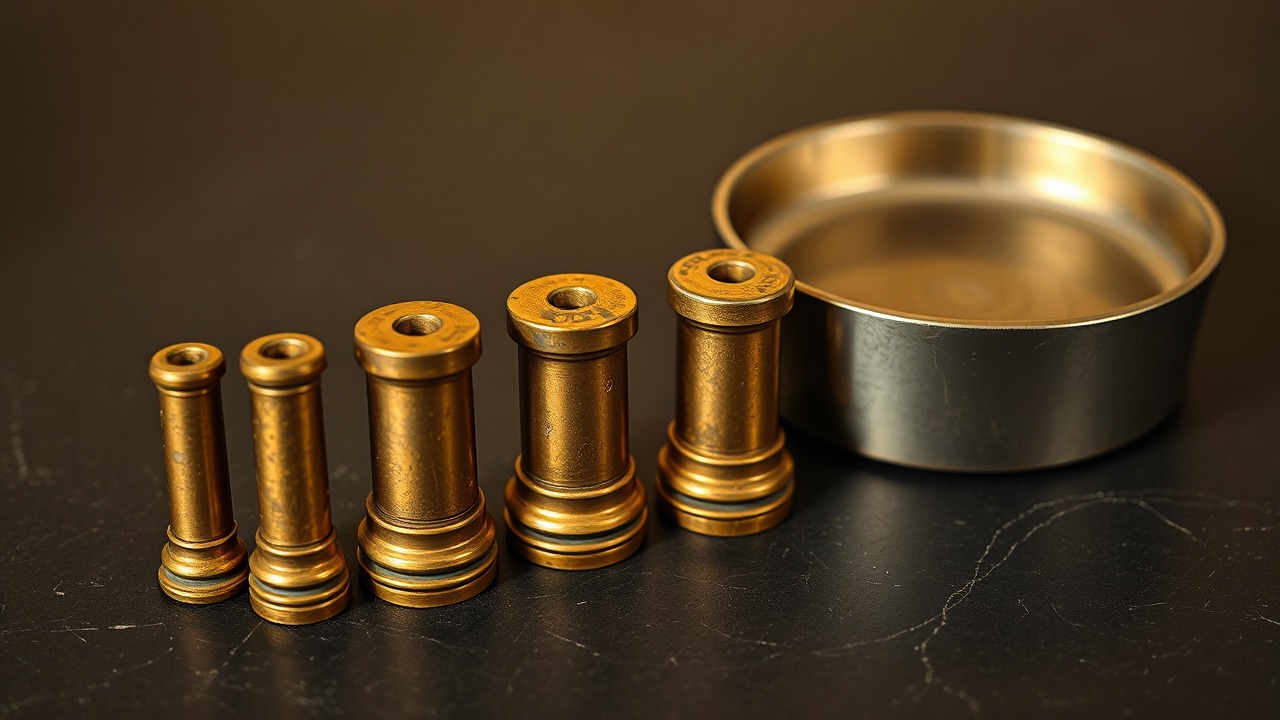Brass counterweights of graded sizes resting beside the empty pan of a balance.