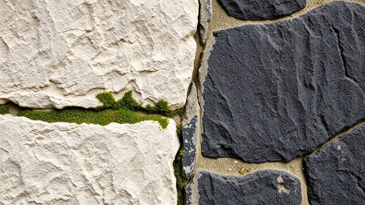 Two different stones meeting along a mortared seam, one pale sandstone, one dark whinstone.