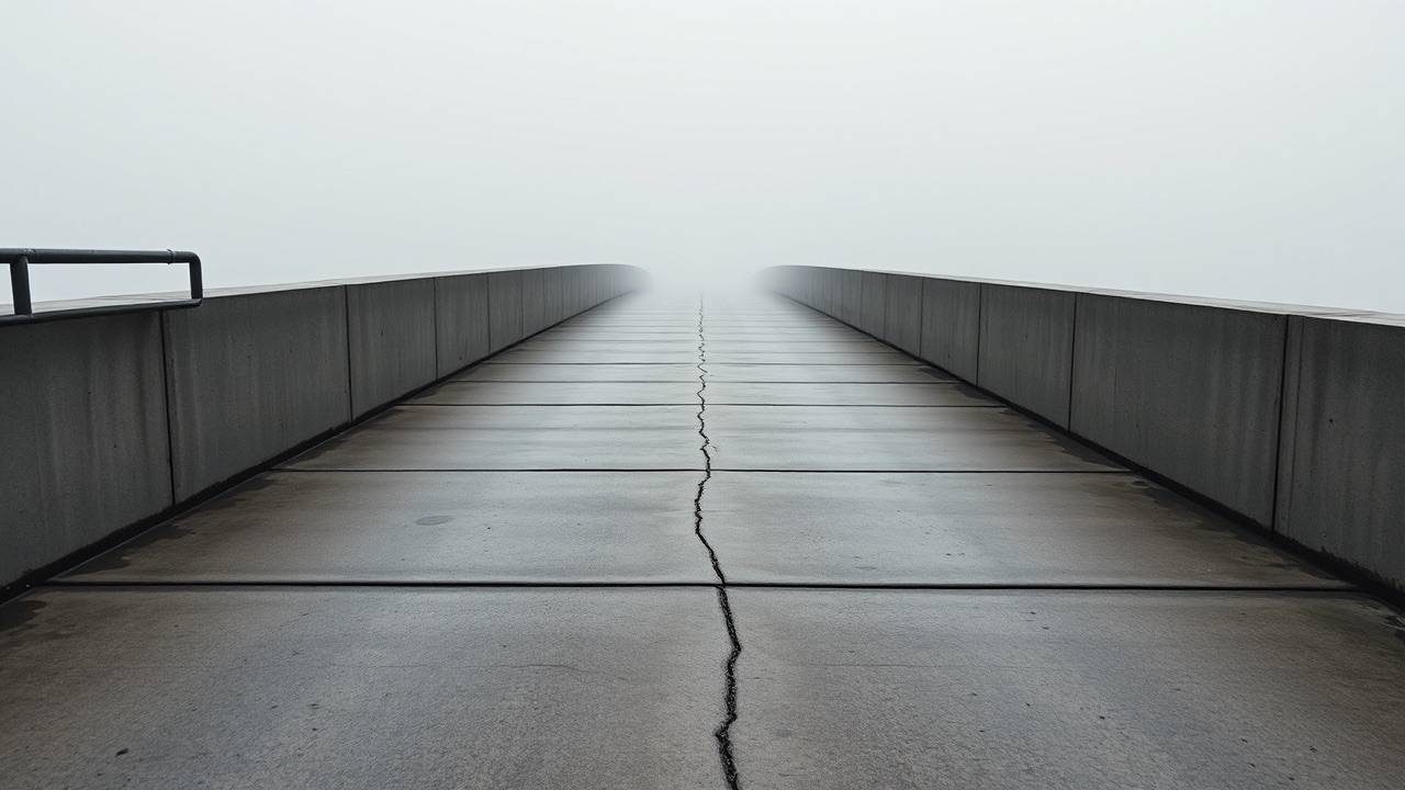 A long shallow concrete ramp receding into fog, its surface scored with grip lines.