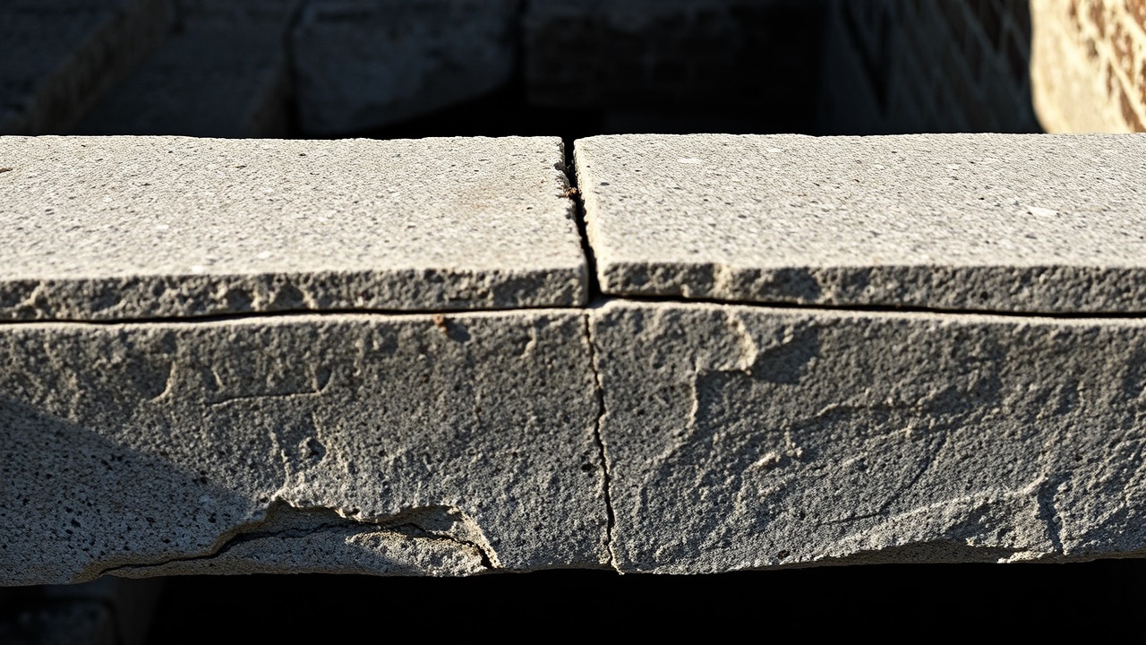 The cut edge of a stone step where the surface drops abruptly into shadow.