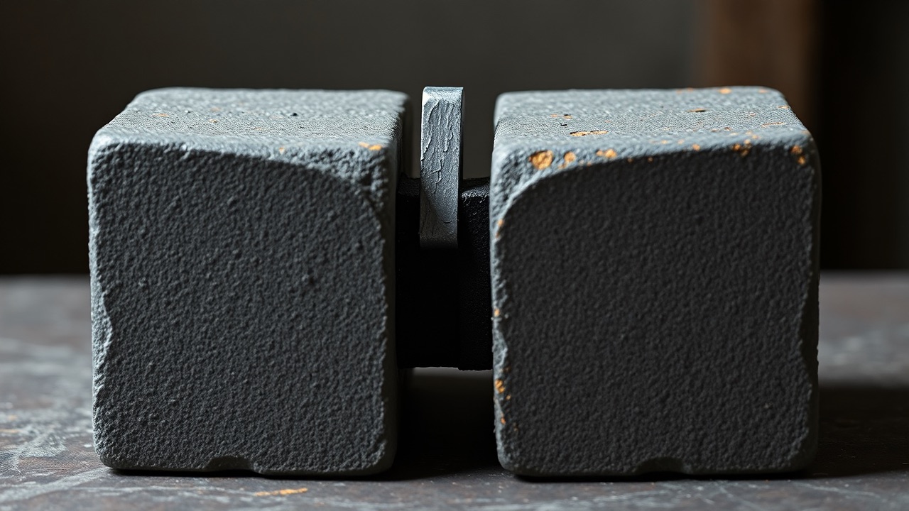 A thin steel shim driven into the seam between two heavy blocks, holding them apart.